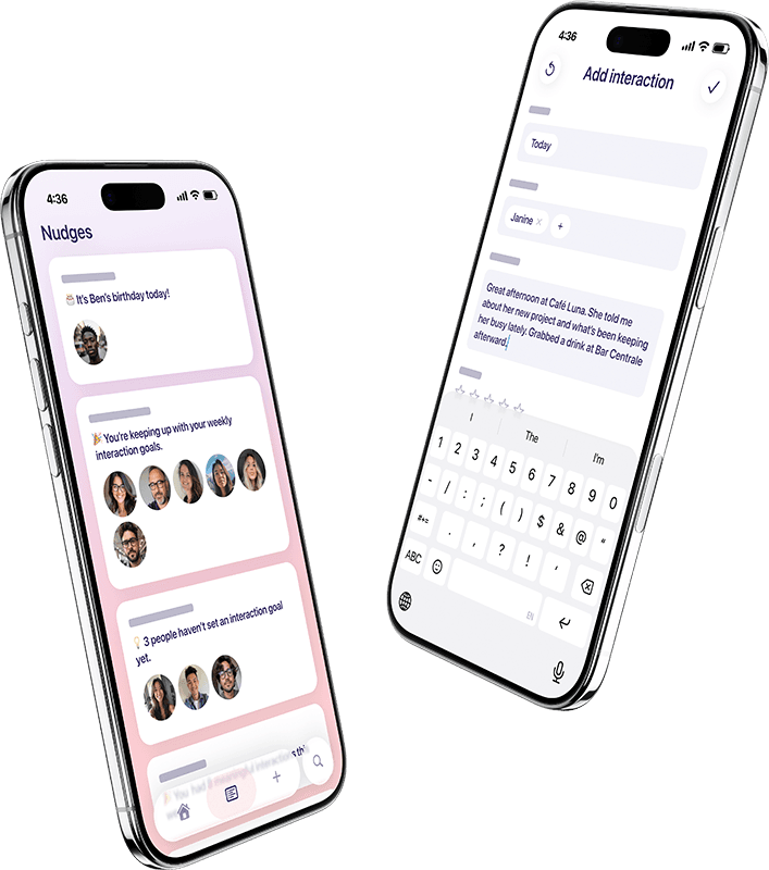 ville app on two iPhones showing nudges and interactions